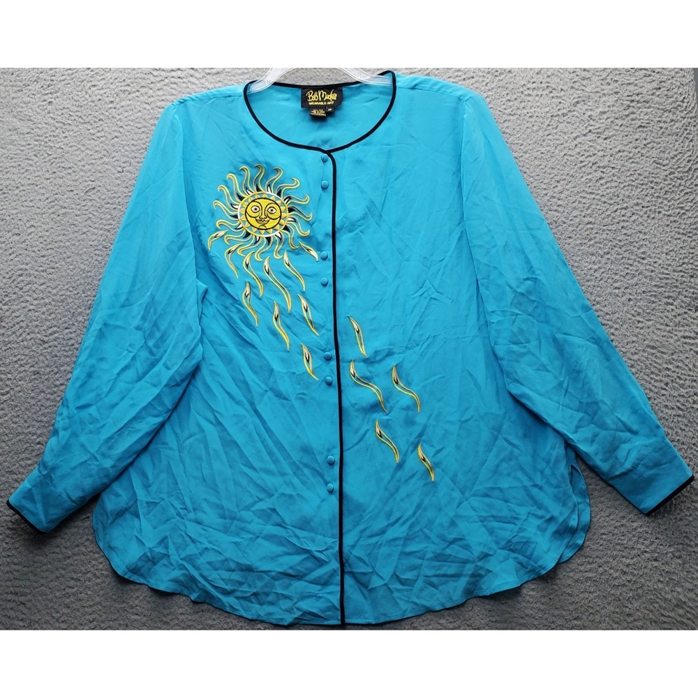 Vtg Bob Mackie Wearable Art Silk Top Womens 2X Blue Celestial Embroidered Sun